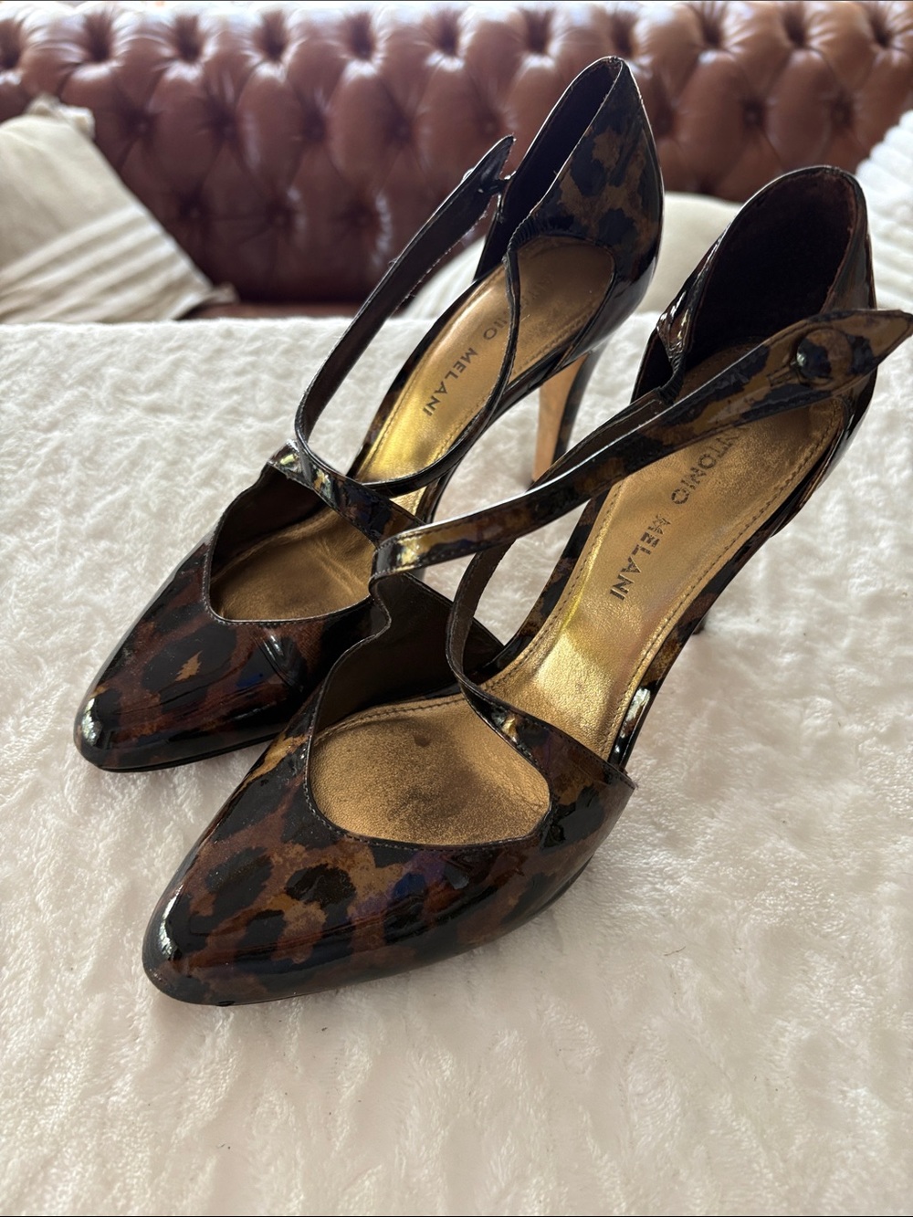 ANTONIO MELANI Brown Leopard Patent Pointed-Toe Cross-Strap Heels